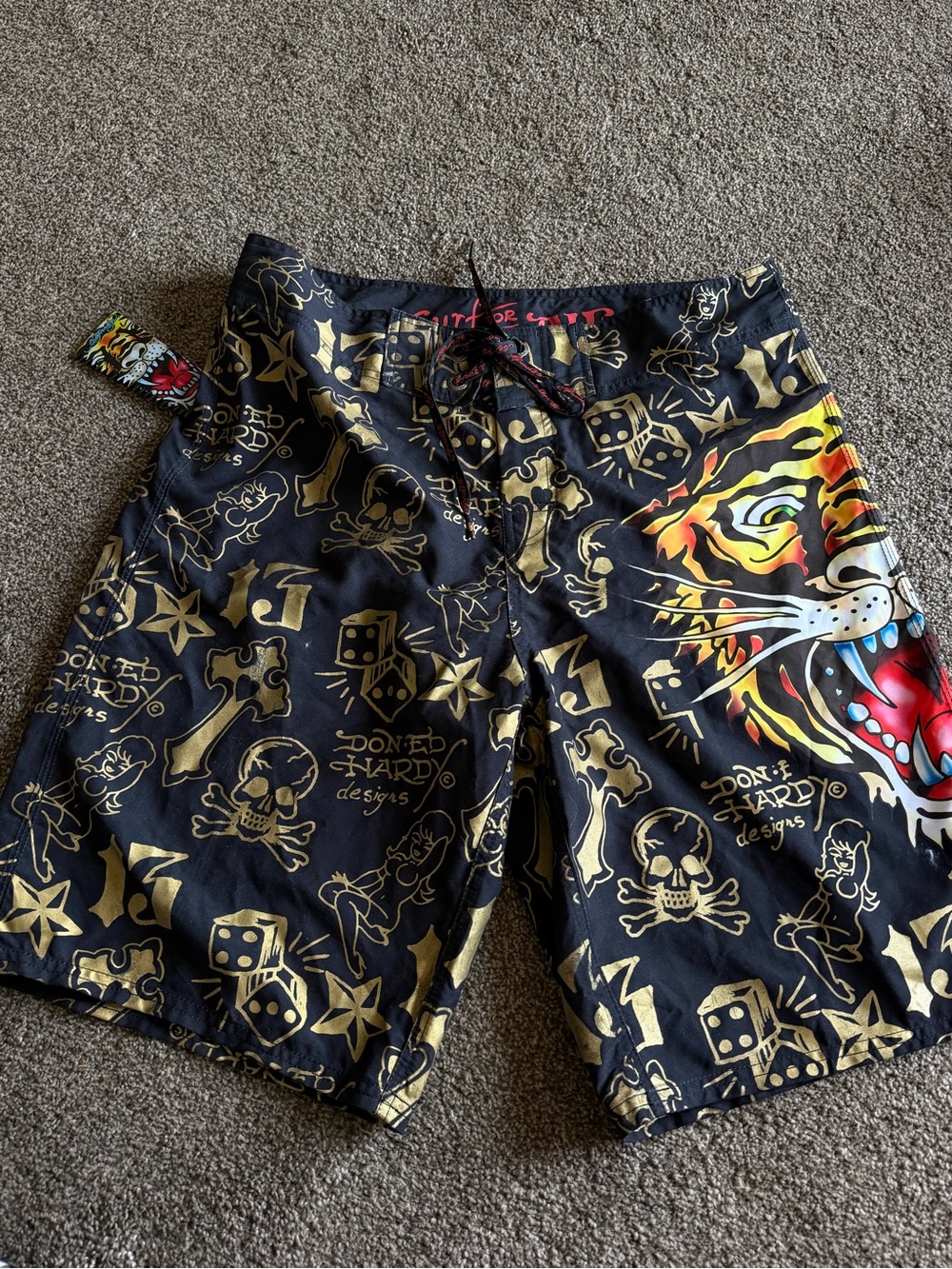 Ed Hardy Black & Gold Tiger Graphic Swim Shorts